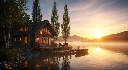 Fototapeta premium Sunset Cabin Lake Escape.