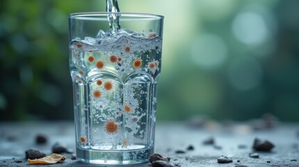 Close-up of a drinking glass filled with dirty water, containing visible bacteria and viruses, illustrating the risks of contaminated water 