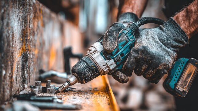 Close-up of a person using a cordless drill.