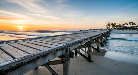 Naklejka premium WOODEN BRIDGE ON THE BEACH AT SUNDAY