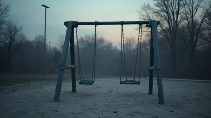 Empty ash-dusted playground with still swings and gray sandbox, symbolizing disrupted routines and child vulnerability