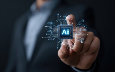 Businessman pointing at an AI chip graphic