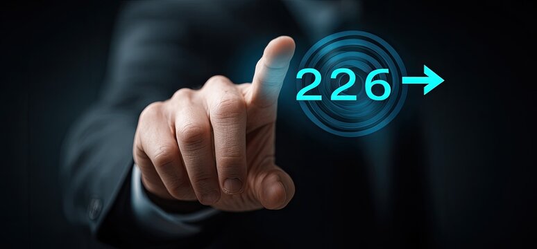 Businessperson touches digital interface with number 226 and arrow