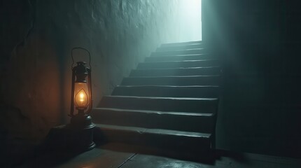 Staircase inside a void with a weak vintage lantern on the first step, evoking uncertain beginnings

