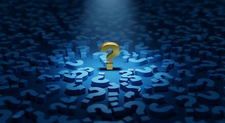 Golden question mark standing out in a sea of blue question marks, symbolizing uncertainty, inquiry, and the search for answers
