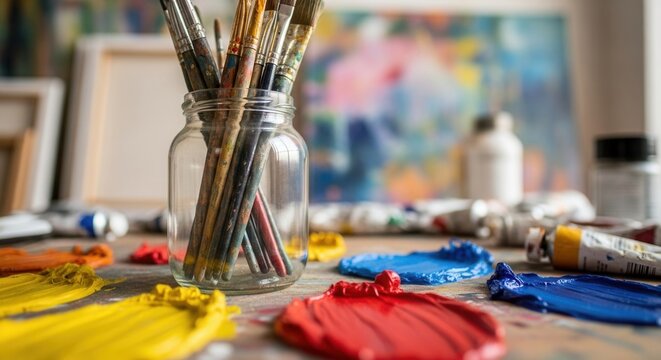 Artist's Workspace: A Colorful Composition of Brushes and Paints in a Creative Setting