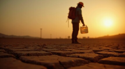 Masked figure with empty jerrycan over cracked land at sunset, conveying climate disaster and struggle

