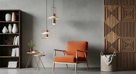 Stylish living room interior with an orange armchair, wooden bookshelf, and decorative wall panel, creating a warm and inviting atmosphere