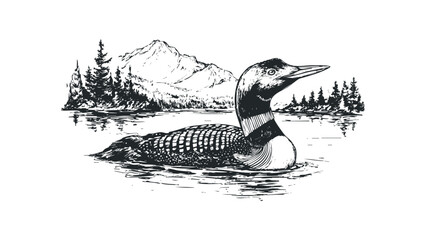 Black and white sketch of a loon bird swimming in water with pine trees and mountains. Vector hand drawn illustration