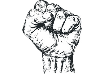 Fist raised in protest gesture, black ink sketch,. Vector hand drawn illustration