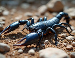 Macro shot of giant forest black scorpion on sandy ground. Arachnid predator large claws, visible stinger tail. Dark body contrasts with light brown, rocky environment, creating striking image of