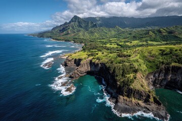 Fototapeta premium Coastal landscape with dramatic cliffs and vibrant vegetation
