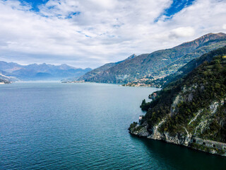 Aerial landscape of Varenna villa Lago di Como Lake in Italian Alps fall in Lombardy Italy