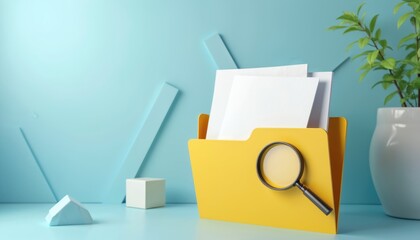 Yellow folder with documents and magnifying glass signifies file search, organization. Soft blue background with abstract geometric shapes. Focus on paperwork, data analysis, research, and discovery.