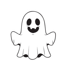 A simple black and white line art illustration featuring a cute and friendly smiling ghost character, an adorable phantom design isolated on a white background for Halloween