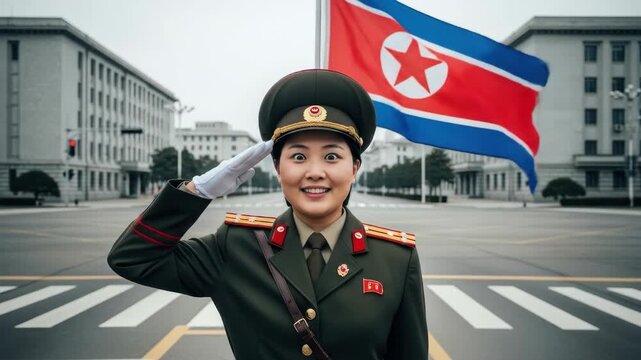 uniformed female officer salutes proudly in empty city square with funny exaggerated expression of enthusiasm and north korean flag waving in background. political theme, patriotic military service