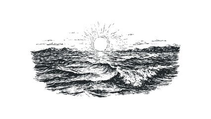 Sun Setting Over Ocean Waves with Distant Shoreline. Vector hand drawn illustration