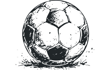 Hand drawn sketch of a soccer ball on grass in monochrome. Vector hand drawn illustration