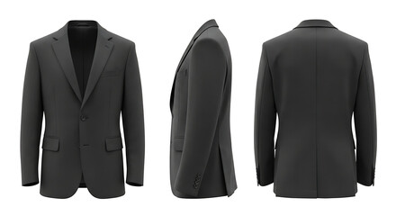 Classic Dark Gray Men's Suit Jacket on White Background: Front, Side, and Back Views