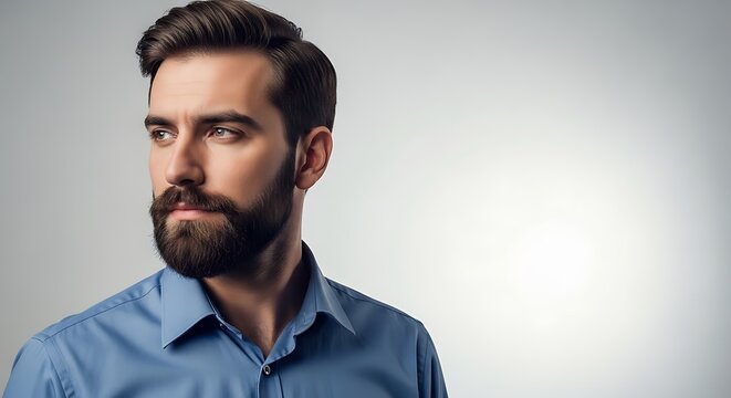 A handsome man with a beard and a blue shirt looking to the side with a neutral expression.