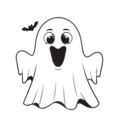 A cute and friendly cartoon ghost character with a flying bat, a simple black and white outline illustration for Halloween coloring pages or festive designs