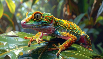 Fototapeta premium A vibrant, colorful gecko perched atop a glossy green leaf, showcasing its intricate patterns and striking hues.