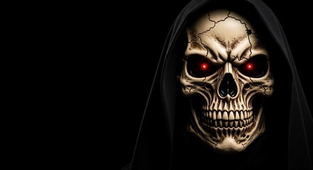 Fototapeta premium Menacing Angel of Death – Skull Mask Portrait with Red Eyes and Bone-Yellow Texture