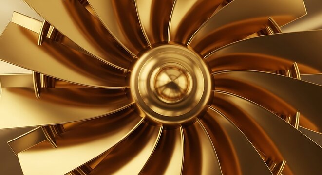 Closeup of a golden turbine or fan with many curved blades radiating from a central hub, symbolizing power and precision - Powered by Adobe