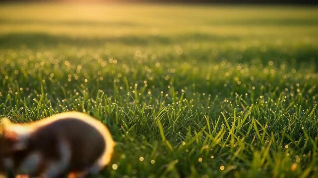 Tiny Syrian hamster standing in dewy grass golden hour cinematic closeup sequence.