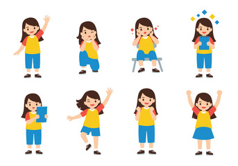 Set of illustrations depicting a young girl expressing various emotions and actions through simple cartoon drawings