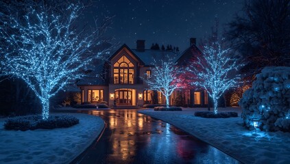 Magical winter night scene of a grand illuminated house surrounded by trees adorned with sparkling blue and pink lights