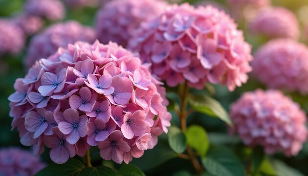 Vibrant pink and purple hydrangeas bloom in a summer garden. Close-up of rich flower petals and green leaves. This beautiful botany scene captures nature colorful growth. - Powered by Adobe