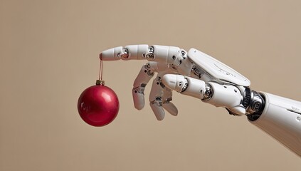 A robotic arm holds a red Christmas ornament against a beige background