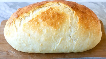 Minimal bread loaf on cutting board in 4K, mirrorless with 85mm f1.8 at f3.2, warm light revealing crust texture and clean grain pattern