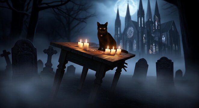 Precarious Balance: Black Cat & Flickering Candles on Lopsided Table of Fog