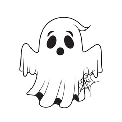 A cute and spooky cartoon ghost illustration with a spiderweb, perfect for Halloween designs and coloring pages