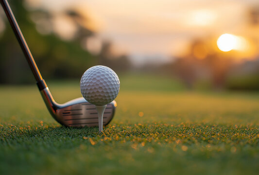 close-up of a golf ball and club on a tee box, with a blurred green grass background at sunset, suitable for a banner design - Powered by Adobe