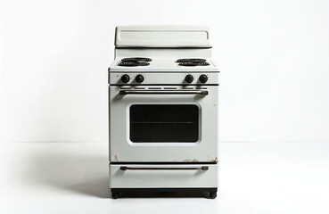 Fototapeta premium Vintage white electric stove isolated on white background. Retro kitchen appliance features four burners on top, oven with glass door, storage drawer below. Perfect for nostalgic kitchen decor,
