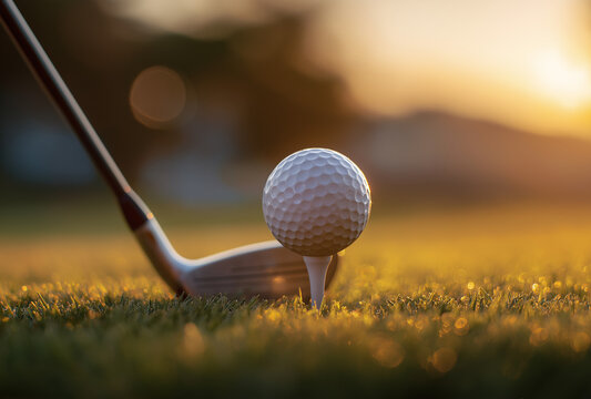 close-up of a golf ball and club on a tee box, with a blurred green grass background at sunset, suitable for a banner design