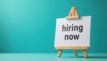 Easel board with HIRING NOW text declares job opportunities and fresh start. Simple, clean design signifies employment, recruitment, and career growth. Clear contemporary message about job vacancies.