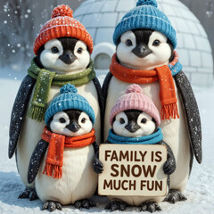 A charming penguin family stands together, each adorned with colorful knit hats and scarves and holding a sign 