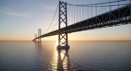 A stunning view of the great seto bridge in japan at sunset, showcasing its impressive structure and the calm sea reflecting the light
