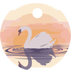 Naklejka premium White Swan Swimming in Lake at Sunset Vector