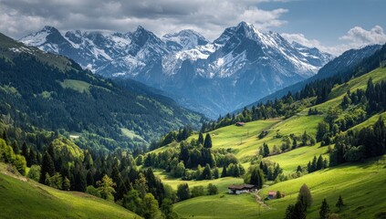 Obraz premium Alpine valley panorama with snow-capped peaks (2)