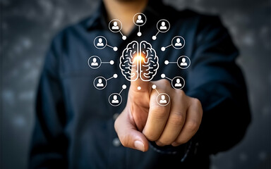 Businessman connecting with people through a glowing brain network