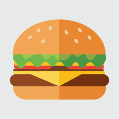 Flat Design Cheeseburger Icon with Lettuce, Tomato, and Sesame Seed Bun