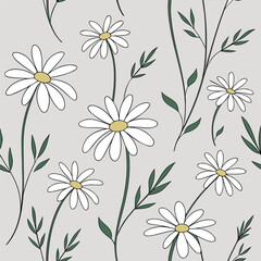 Elegant daisy flower pattern with simple leaves on a soft gray backdrop, perfect for spring designs, fabric, and wallpaper needs