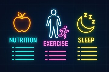 Neon health illustration with a nutrition apple, exercise figure, and sleep moon icons