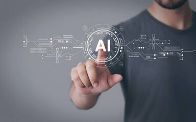 Person touching a futuristic AI interface, symbolizing innovation and technology