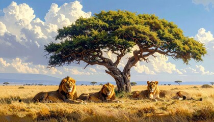 Obraz premium Three lions rest beneath a large acacia tree in a vast, golden savanna landscape, bathed in sunlight.